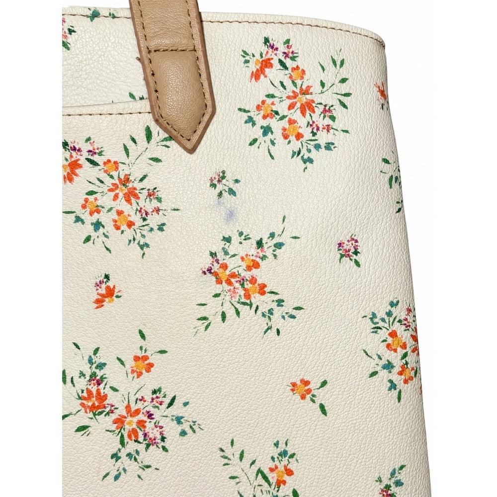 Floral Faux Leather Tote Bag Cream Orange Green Cottagecore Shoulder Bag - Picture 3 of 4